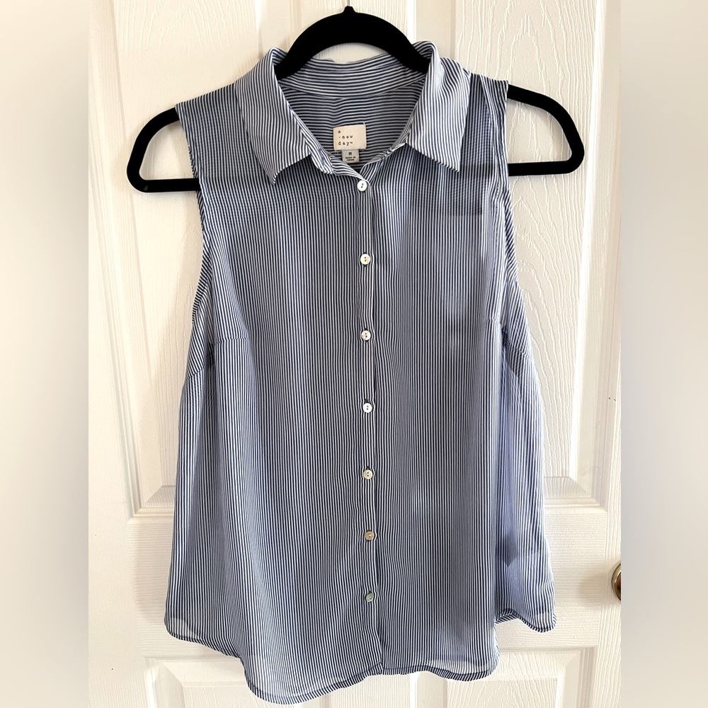 Navy & White Pinstriped Sheer Sleeveless Button Down by a new day (medium)